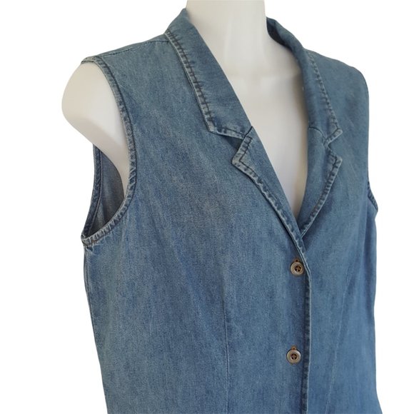 Vintage 90s Chambray Dress Women's 10 Blue Midi Sleeveless Button Front Cotton - Picture 6 of 14